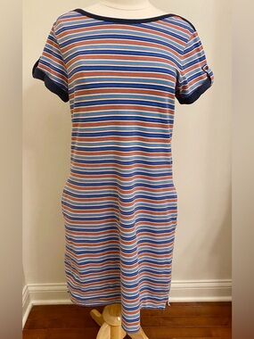 Lands’ End Blue Red Striped SZ M Nautical Americana Preppy Coastal T-Shirt Dress